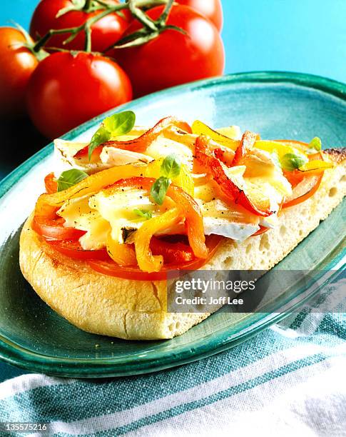 brie open sandwich with roasted peppers - brie stock pictures, royalty-free photos & images