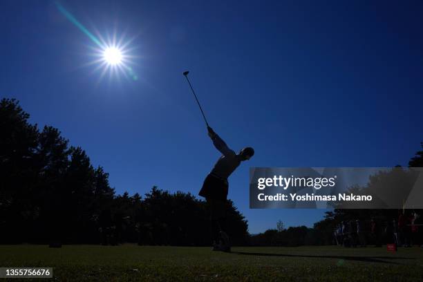 Erika Hara of Japan hits her tee shot on the 6th hole during the third round of the JLPGA Tour Championship Ricoh Cup at the Miyazaki Country Club on...