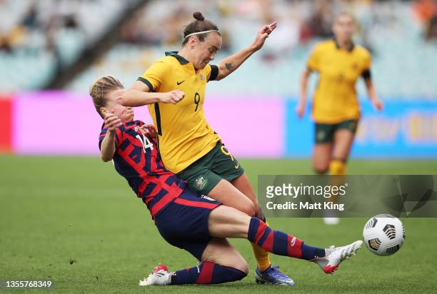 Caitlin Foord of the Matildas is challenged by Emily Sonnett of the United States during game one of the series International Friendly series between...