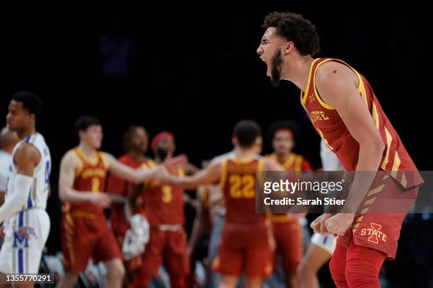 George Conditt IV of the Iowa State Cyclones reacts at the end the second half against the Memphis Tigers in the NIT Season Tip-Off tournament at...