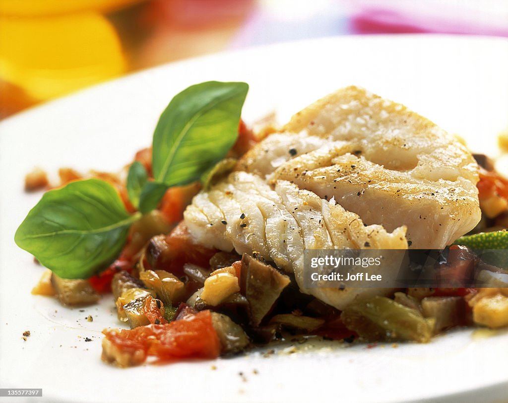 Cod fillet with aubergine & tomato salsa
