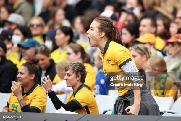 An Australian fan cheers during game one of the series International Friendly series between the Australia Matildas and the United States of America...