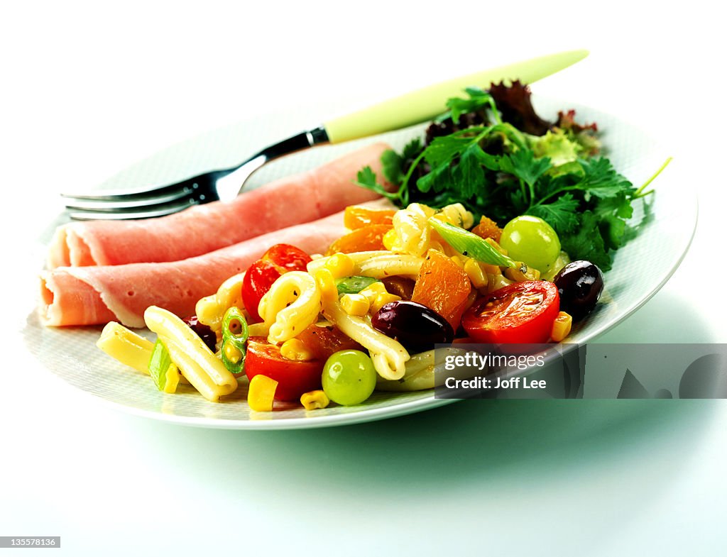 Rolled ham with pasta & green salad