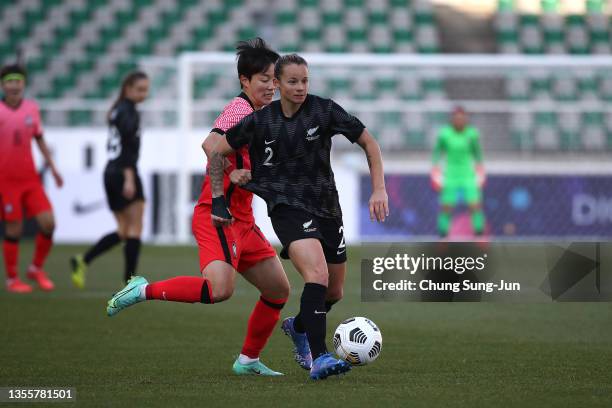 Ria Percival of New Zealand controls the ball during the Women's international friendly match between South Korea and New Zealand at Goyang Stadium...