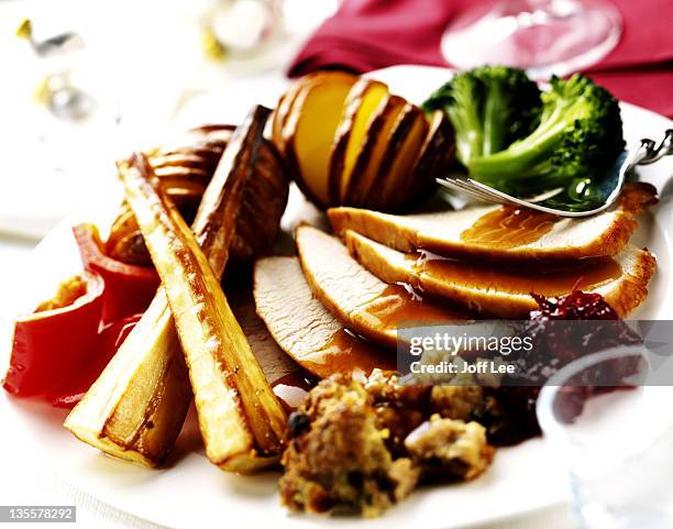 full christmas dinner with roasted vegetables - christmas dinner stock pictures, royalty-free photos & images