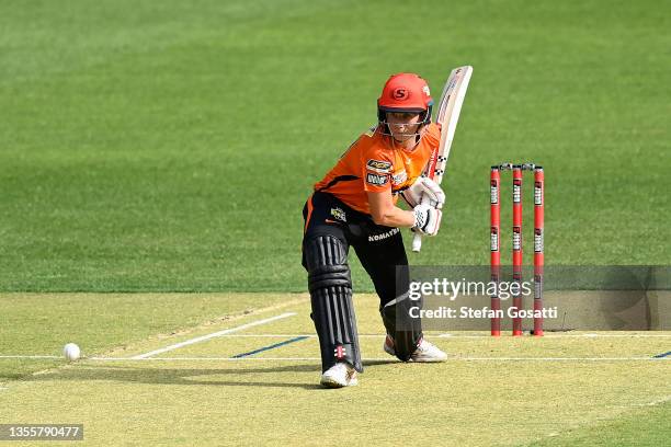 Beth Mooney of the Scorchers bats during the Women's Big Bash League match between the Perth Scorchers and the Adelaide Strikers at Optus Stadium, on...