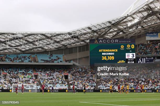 General view is seen is seen of the crowd number on the big screen during game one of the series International Friendly series between the Australia...