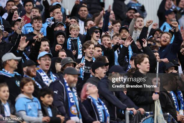 Supporters in 'The Cove' cheer during the A-League match between Sydney FC and Macarthur FC at Netstrata Jubilee Stadium, on November 27 in Sydney,...