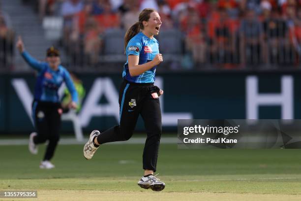 Darcie Brown of the Strikers celebrates the wicket of Chloe Piparo of the Scorchers during the Women's Big Bash League Final match between the Perth...