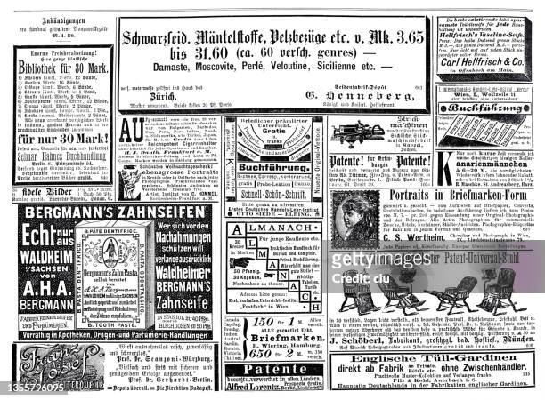ilustraciones, imágenes clip art, dibujos animados e iconos de stock de anuncios en la revista alemana de 1887 incluyendo silla relajante schöbel - 1887