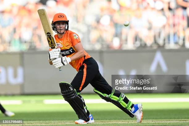 Marizanne Kapp of the Scorchers bats during the Women's Big Bash League match between the Perth Scorchers and the Adelaide Strikers at Optus Stadium,...
