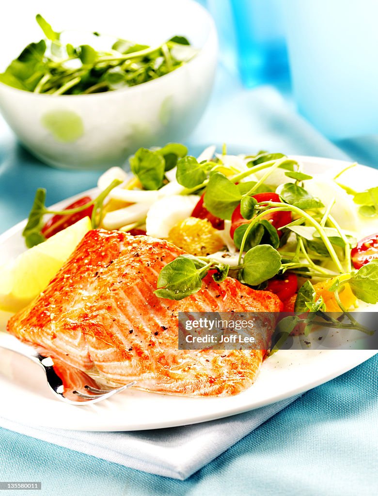 Baked fillet of trout with watercress salad