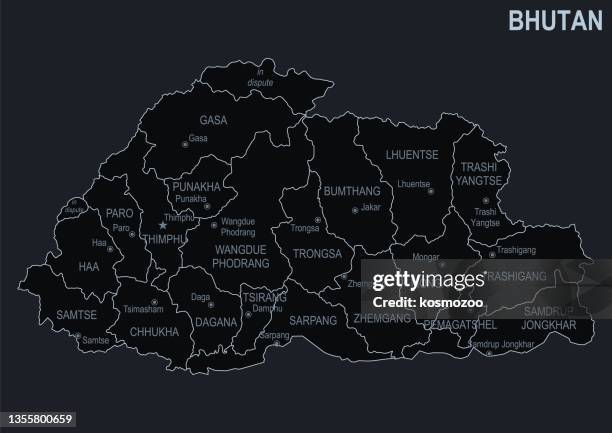 flat map of bhutan with cities and regions on a black background - bhutan stock illustrations