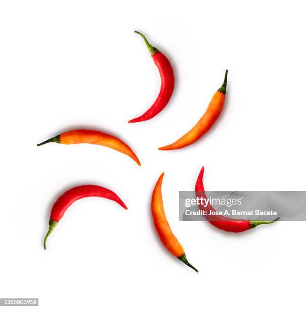 red and orange chili peppers, forming a circle on a white background. - chili oil stock pictures, royalty-free photos & images