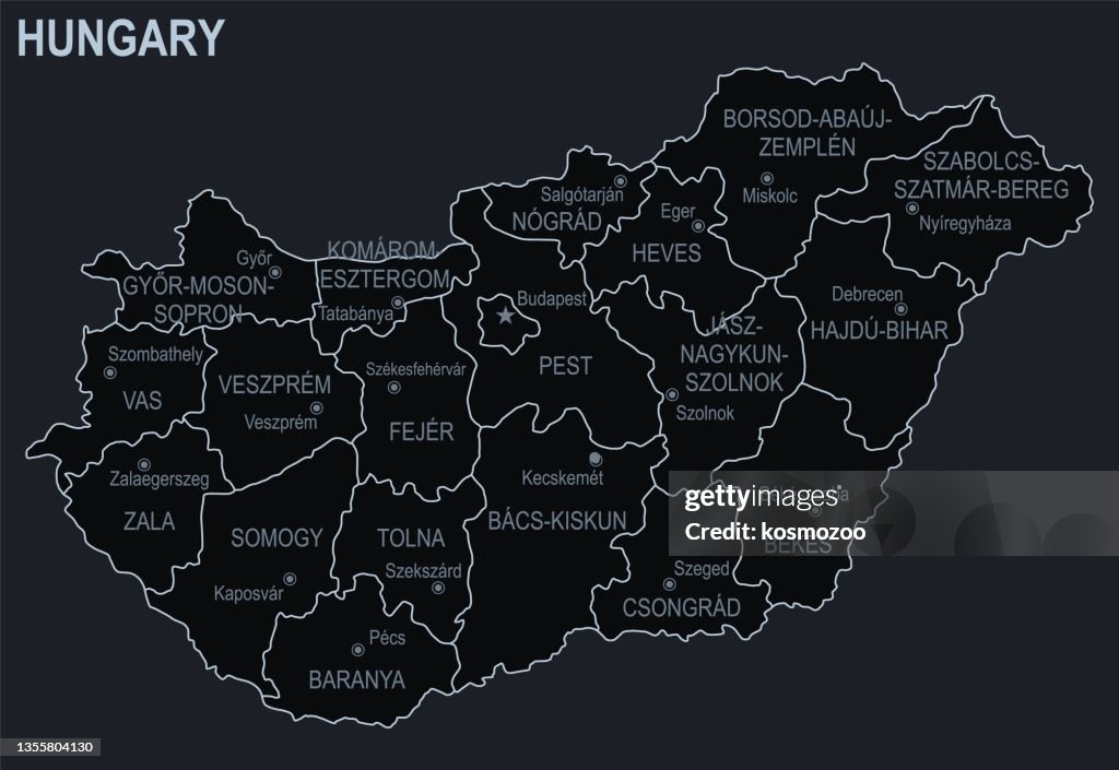 Hungary Postcode Flat Map Of Hungary With Cities And Regions On A Black Background High ...