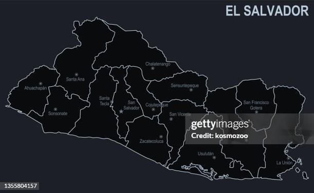 flache karte von el salvador mit städten und regionen auf schwarzem hintergrund - el salvador stock-grafiken, -clipart, -cartoons und -symbole