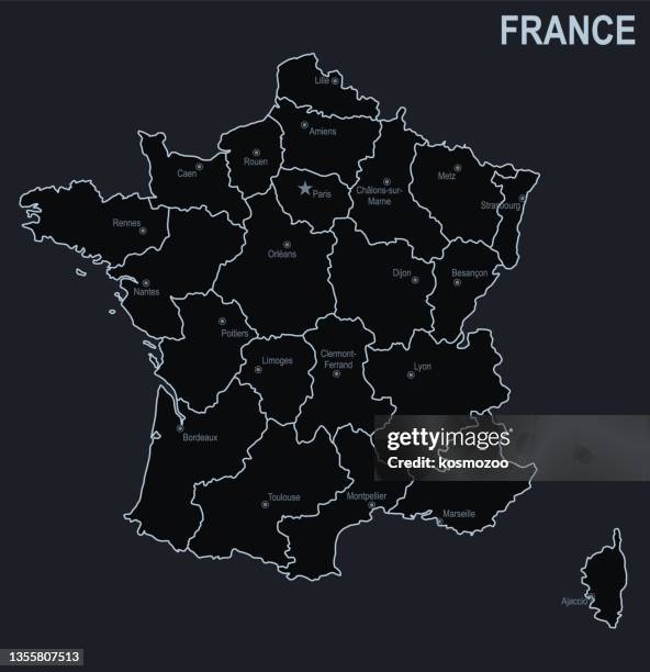 illustrations, cliparts, dessins animés et icônes de carte plate de la france avec des villes et des régions sur fond noir - carte de france
