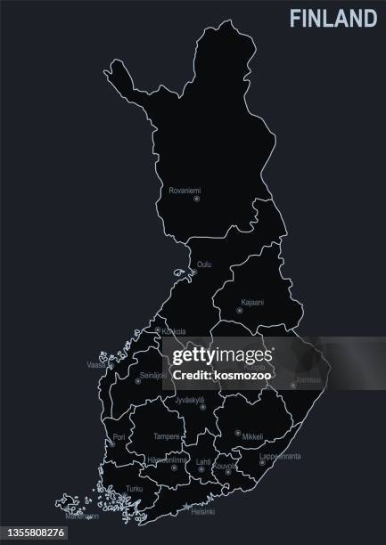 flat map of finland with cities and regions on a black background - finland map stock illustrations