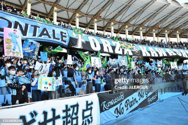 Kawasaki Frontale supporters celebrate their side's 4-1 victory after the J.League Meiji Yasuda J1 37th Sec. Match between Kawasaki Frontale and...