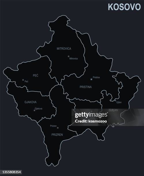 illustrazioni stock, clip art, cartoni animati e icone di tendenza di mappa piatta del kosovo con città e regioni su sfondo nero - kosovo