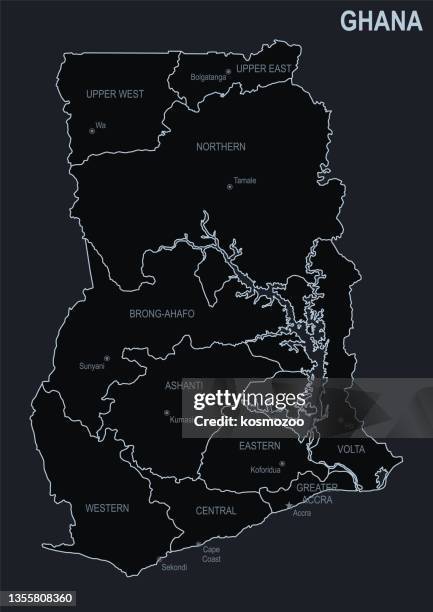 flat map of ghana with cities and regions on a black background - ghana stock illustrations