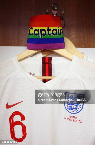 The shirt and captains armband of Millie Bright of England is seen hanging in the dressing room prior to the FIFA Women's World Cup 2023 Qualifier...