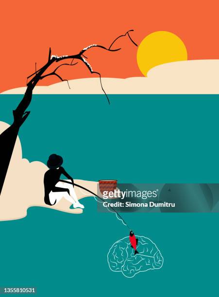 illustration of a man fishing at a lake with brain waves when the fish is coming out of the water - creative fishing stock-fotos und bilder