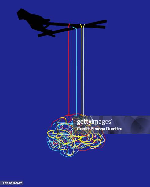 illustration of a brain being manipulated, isolated on blue - brain thinking goal setting bildbanksfoton och bilder