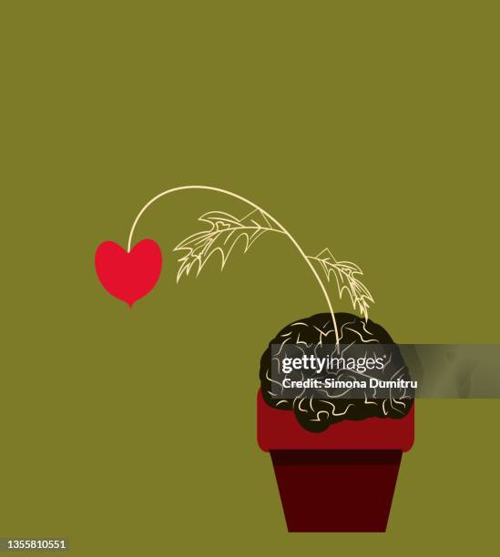 illustration of flower pot with a brain and a flower in the shape of a heart - brainfood stock pictures, royalty-free photos & images