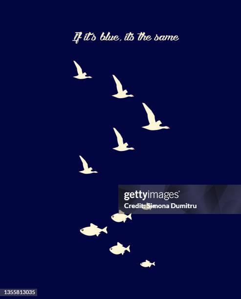 illustration of birds and fish swimming and flyiwng in the same environment because the color is the same and it creates confusion - negative photo illusion stock pictures, royalty-free photos & images