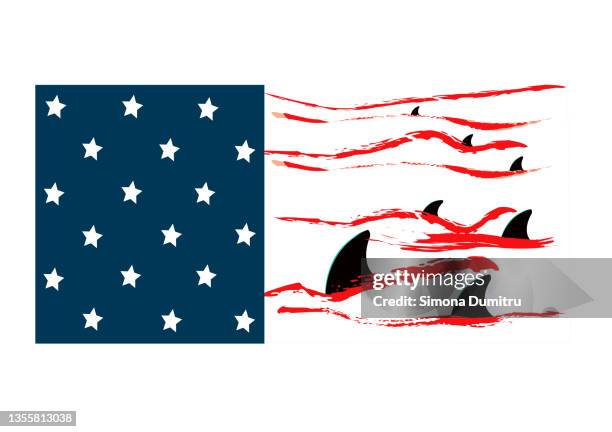 illustration of the american flag with stripes as sea and sharks swimming in the ocean - washington dc icon stock pictures, royalty-free photos & images