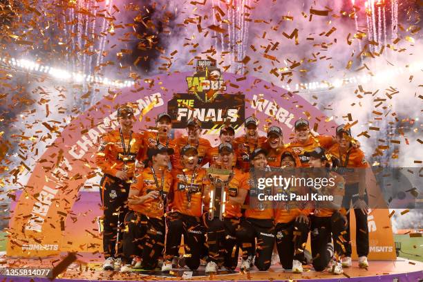 The Scorchers celebrate with the WBBL 07 Champions trophy after winning the Women's Big Bash League Final match between the Perth Scorchers and the...