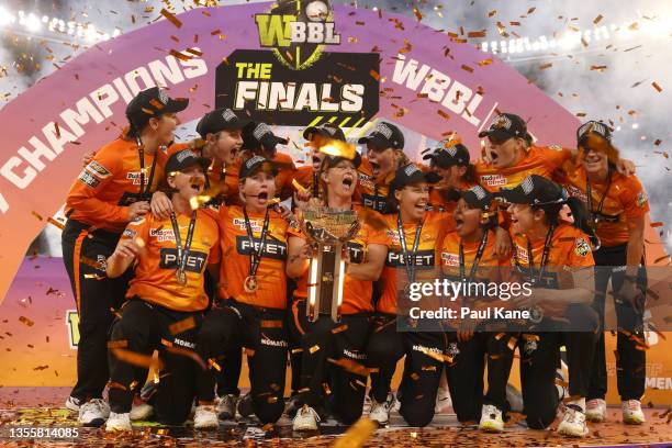 The Scorchers celebrate with the WBBL 07 Champions trophy after winning the Women's Big Bash League Final match between the Perth Scorchers and the...