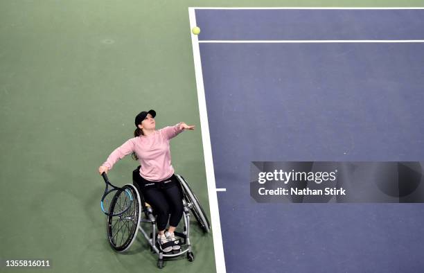 Martha Harris serves during the LTA Wheelchair National Finals at The Shrewsbury Club on November 27, 2021 in Shrewsbury, England.