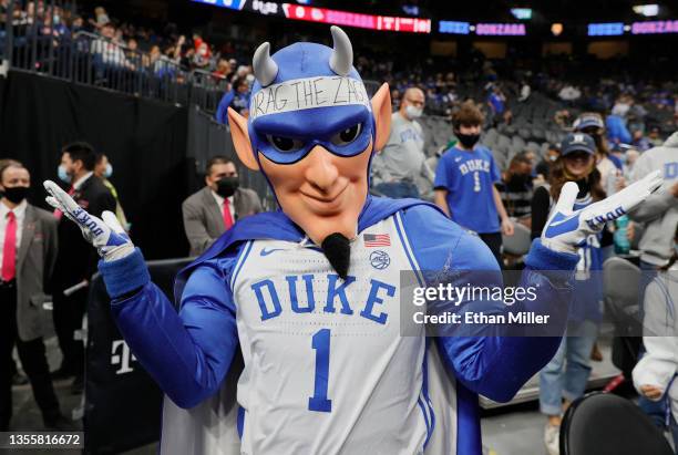 The Duke Blue Devils mascot poses before the team takes on the Gonzaga Bulldogs during the Continental Tire Challenge at T-Mobile Arena on November...