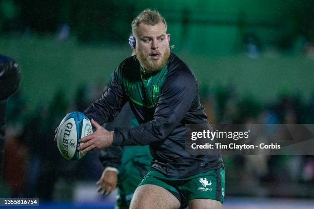 November 26: Finlay Bealham of Connacht during team warm up before the Connacht V Ospreys, United Rugby Championship match at The Sportsground on...