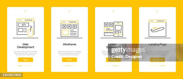 seo concept onboarding mobile app page screen with flat icons. ux, ui design template vector illustration - website wireframes stock illustrations