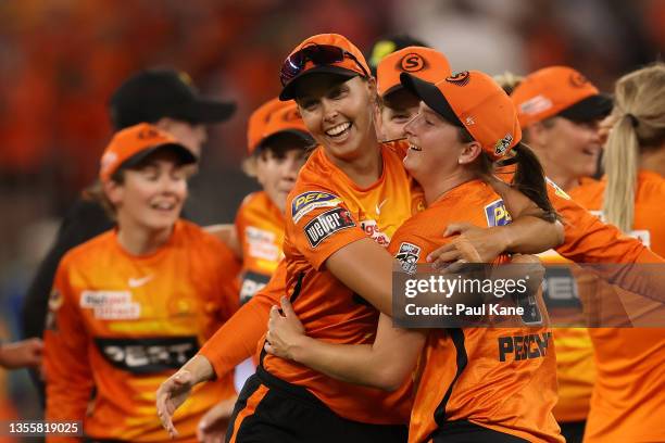 Piepa Cleary and Taneale Peschel of the Scorchers celebrate winning the Women's Big Bash League Final match between the Perth Scorchers and the...