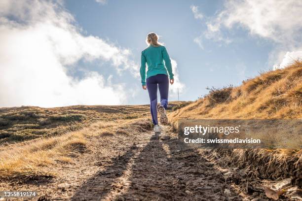 woman hiking on mountain trail - aiming higher stock pictures, royalty-free photos & images