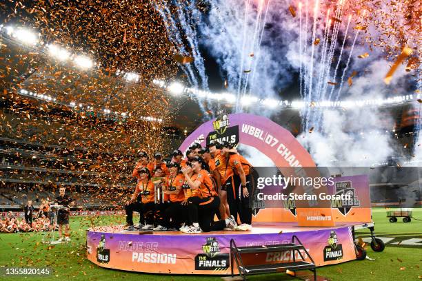 The Scorchers celebrate with the WBBL 07 Champions trophy after winning the Women's Big Bash League match between the Perth Scorchers and the...