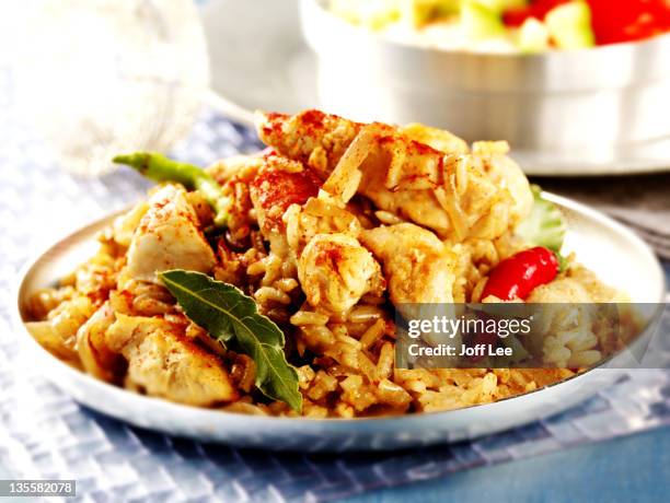 chicken pilaf - pilau rice stock pictures, royalty-free photos & images