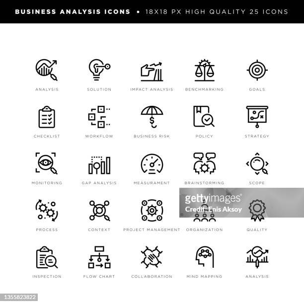 business analysis icons for impact analysis, benchmarking, monitoring, measuring, gap analysis etc. - project management stock illustrations