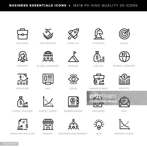 business essentials icons for partnership, start up business, global business, management etc. - monetary policy stock illustrations