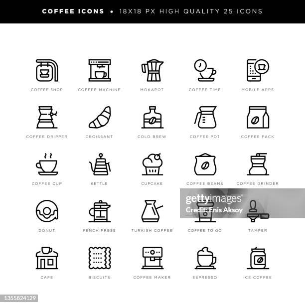 kaffeesymbole für die vorbereitung von kaffee, café usw. - french press stock-grafiken, -clipart, -cartoons und -symbole