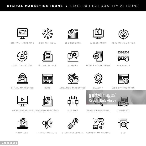 digital marketing icons for social media, blogging, search engine, marketing, advertising etc. - content icon stock illustrations
