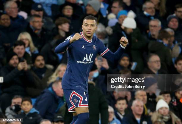 Kylian Mbappe of PSG celebrates his goal during the UEFA Champions League group A match between Manchester City and Paris Saint-Germain at Etihad...