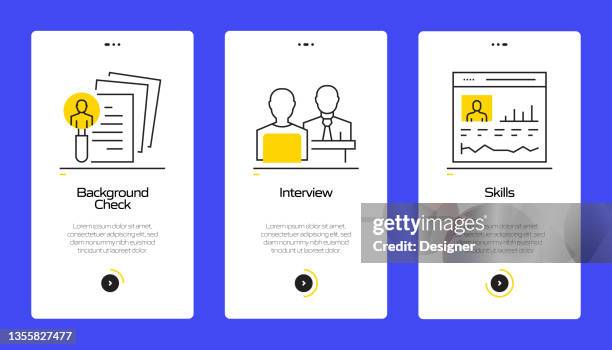 job and resume concept onboarding mobile app page screen with flat icons. ux, ui design template vector illustration - candidate profile stock illustrations
