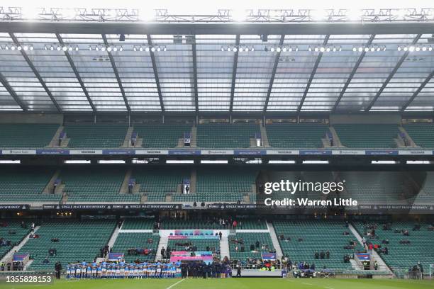 Samoa perform their anthem after the cancellation of the Killik Cup match between Barbarians and Samoa at Twickenham Stadium on November 27, 2021 in...