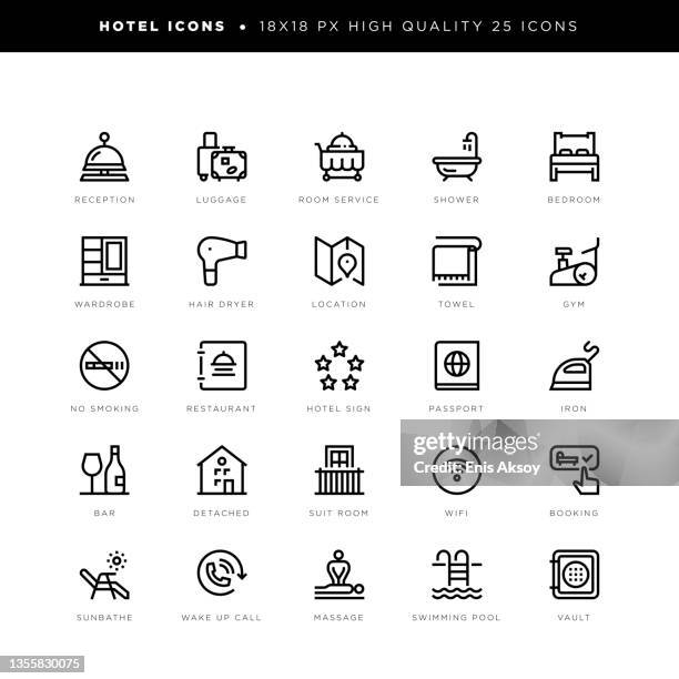 hotel icons for hospitality, booking, room service, restaurant, massage etc. - restaurant bathroom stock illustrations