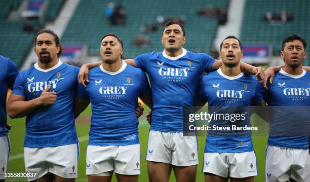 Samoa players sign their national anthem after the cancellation of their match prior to the Killik Cup match between Barbarians and Samoa at...